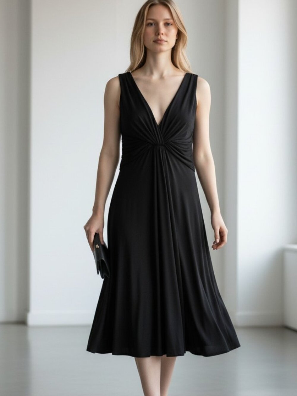David Meister Little Black Cocktail Dress Sleeveless Deep V Draped Size 10 💕